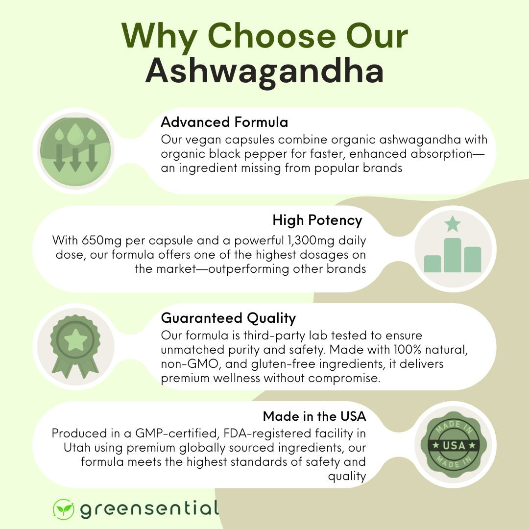 Organic Ashwagandha 1,300mg Daily with Black Pepper – 60 Capsules