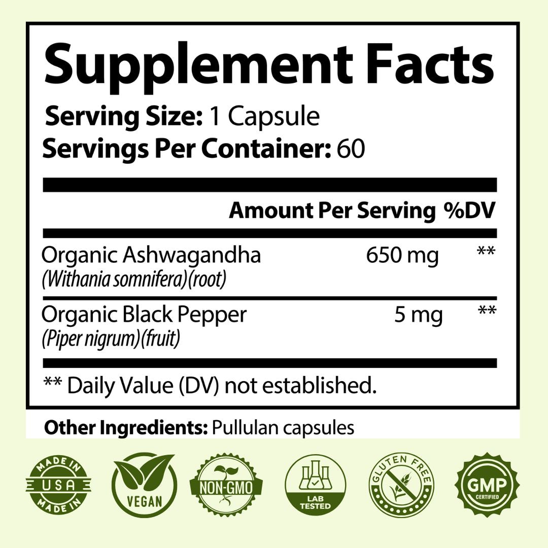Organic Ashwagandha 1,300mg Daily with Black Pepper – 60 Capsules