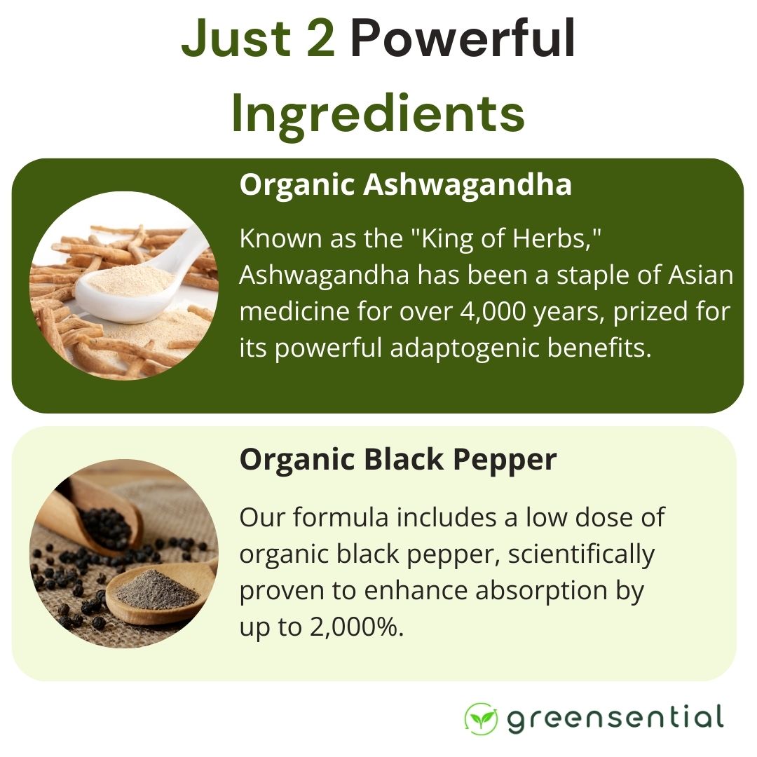 Organic Ashwagandha 1,300mg Daily with Black Pepper – 60 Capsules